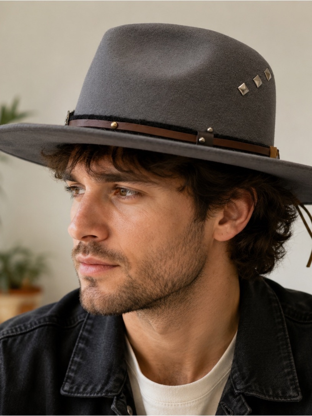 Gray Felt Western Hat with Brown Band and Skull Accent